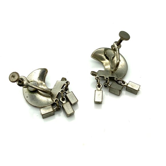 Vintage Distressed Crescent Moon Earrings with Cube Dangles, Great Grunge Vibes - Picture 6 of 6